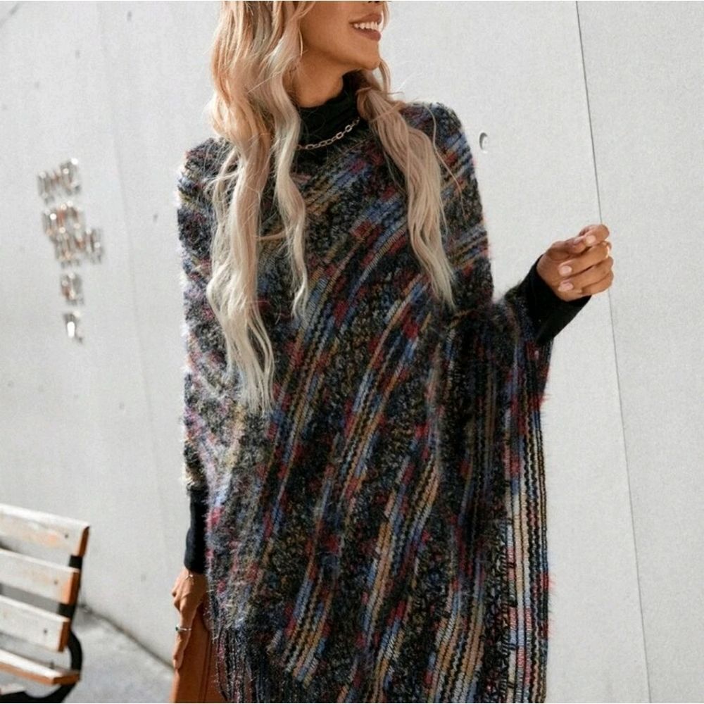 High Neck Fringe Hem Knit Poncho - Picture 5 of 6